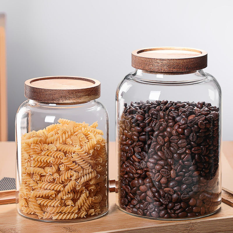 Bocal en verre grande capacité 2,5L avec couvercle en bois, idéal pour conserver pâtes et grains de café.