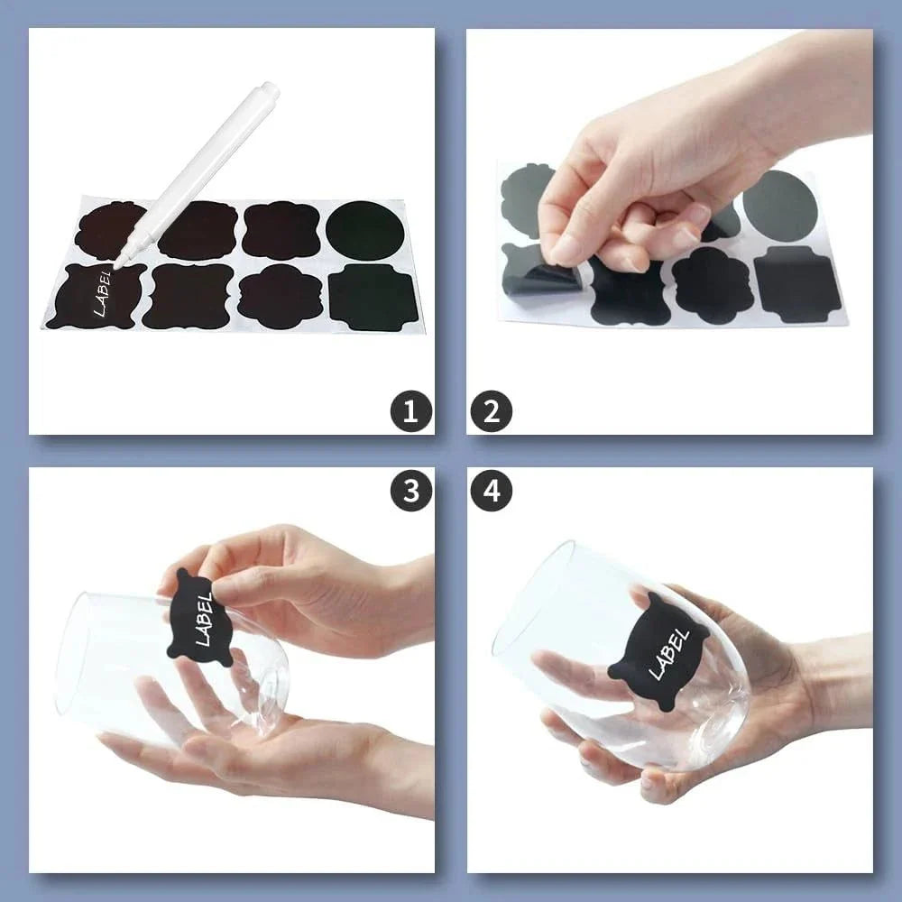 Étiquettes noires autocollantes pour bocaux avec stylo blanc pour organiser et étiqueter facilement les contenants de cuisine