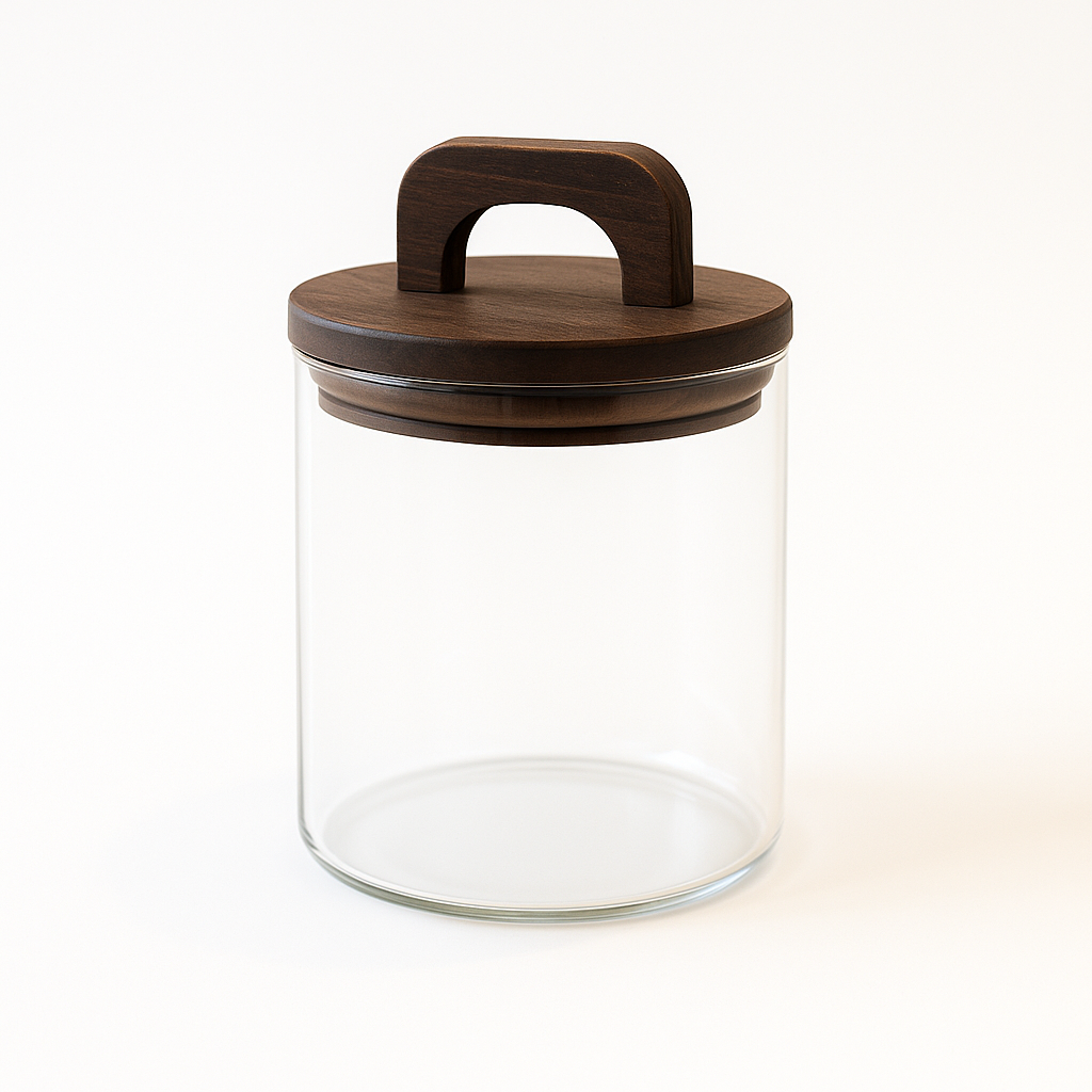 Bocal en verre transparent avec couvercle en bois à anse pour rangement cuisine pratique et esthétique