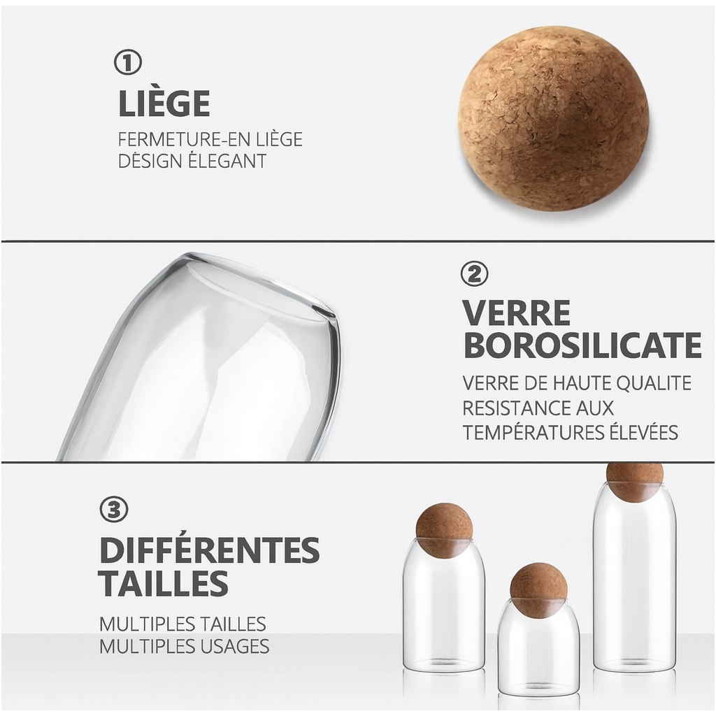Lot de 3 bocaux en verre borosilicate avec bouchons en liège naturel de différentes tailles élégants et pratiques pour la cuisine
