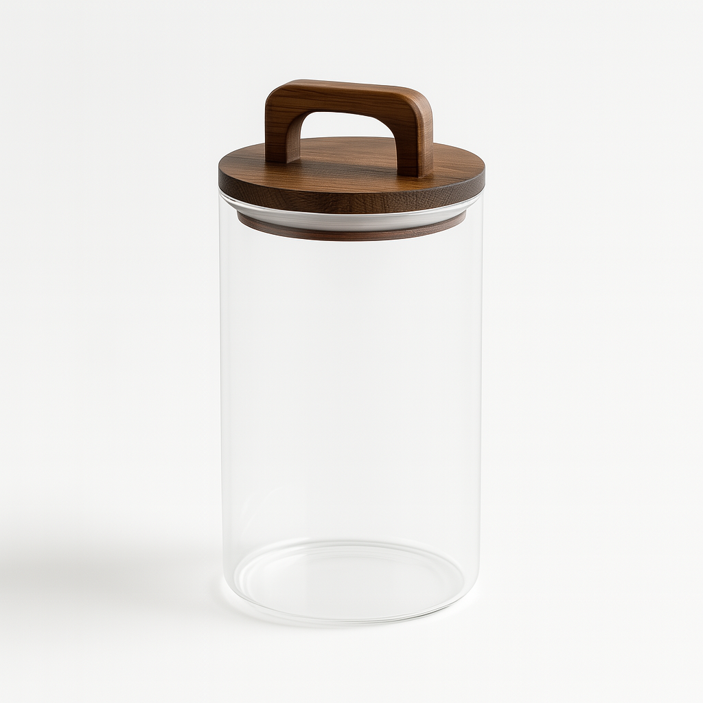 Bocal en verre transparent avec couvercle en bois à anse pour rangement d'ingrédients.