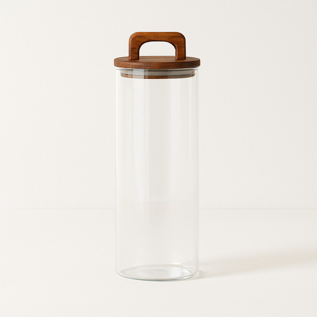 Bocal en verre transparent avec couvercle en bois et anse, idéal pour ranger ingrédients secs et décorer la cuisine.