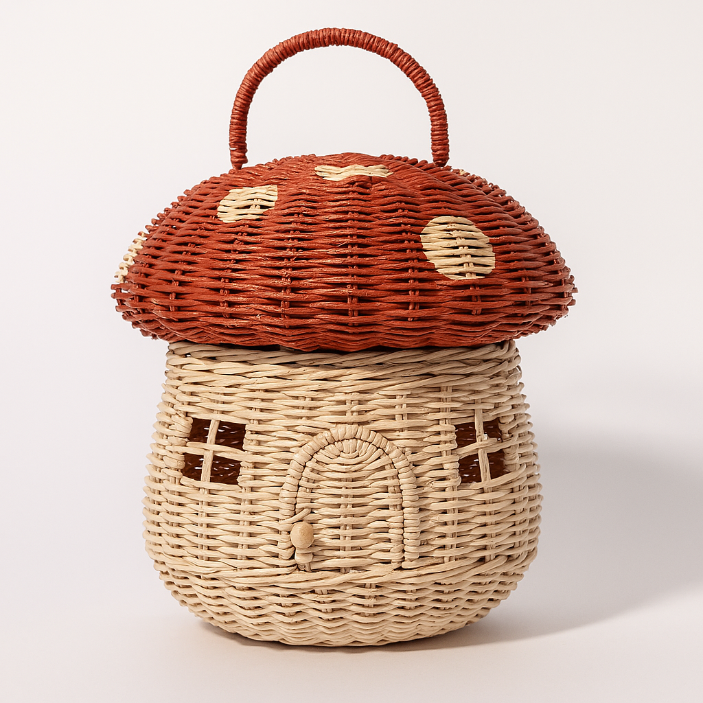 Panier en rotin décoratif en forme de maison champignon, tressage naturel, rangement pratique et léger pour intérieur chaleureux.