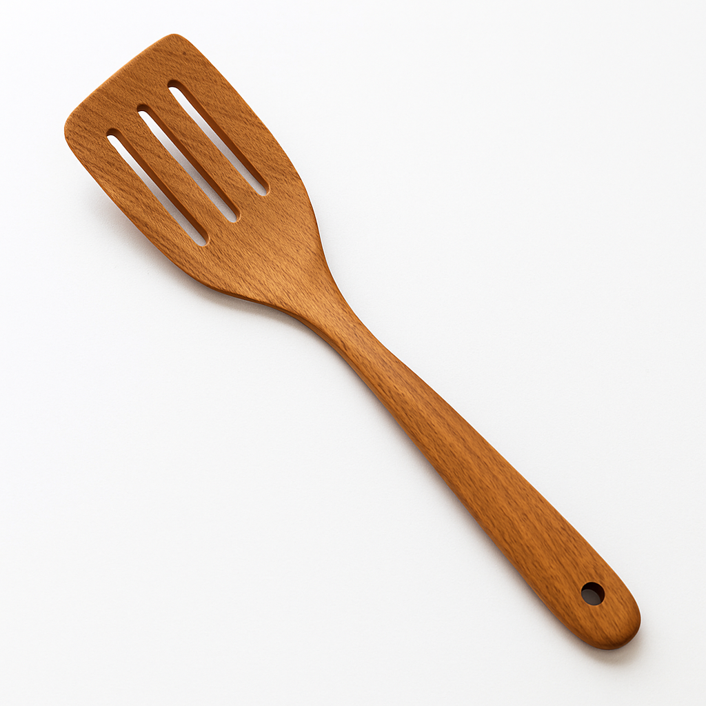 Spatule en bois naturel avec fentes, douce, durable et design élégant pour cuisine pratique et respectueuse des poêles.