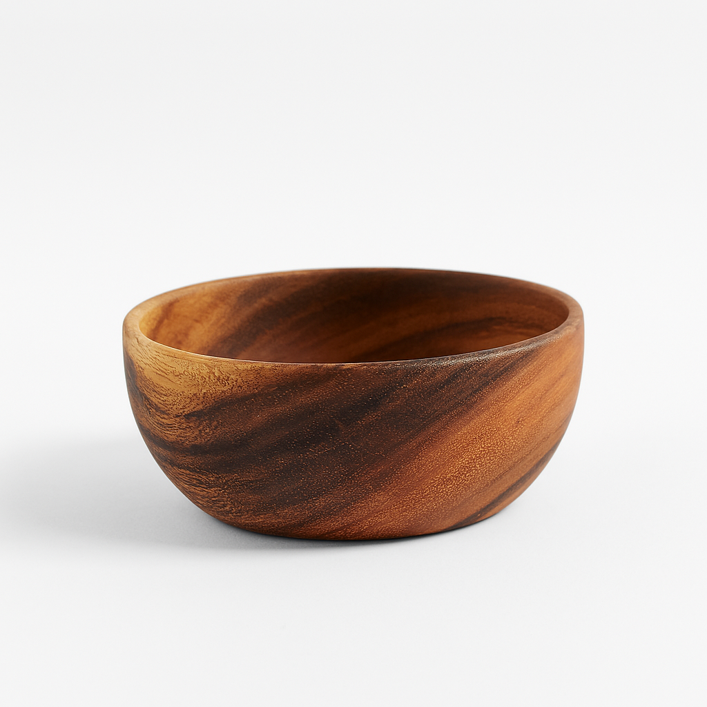 Saladier en bois naturel d’acacia avec veinage unique, résistant et facile à entretenir.