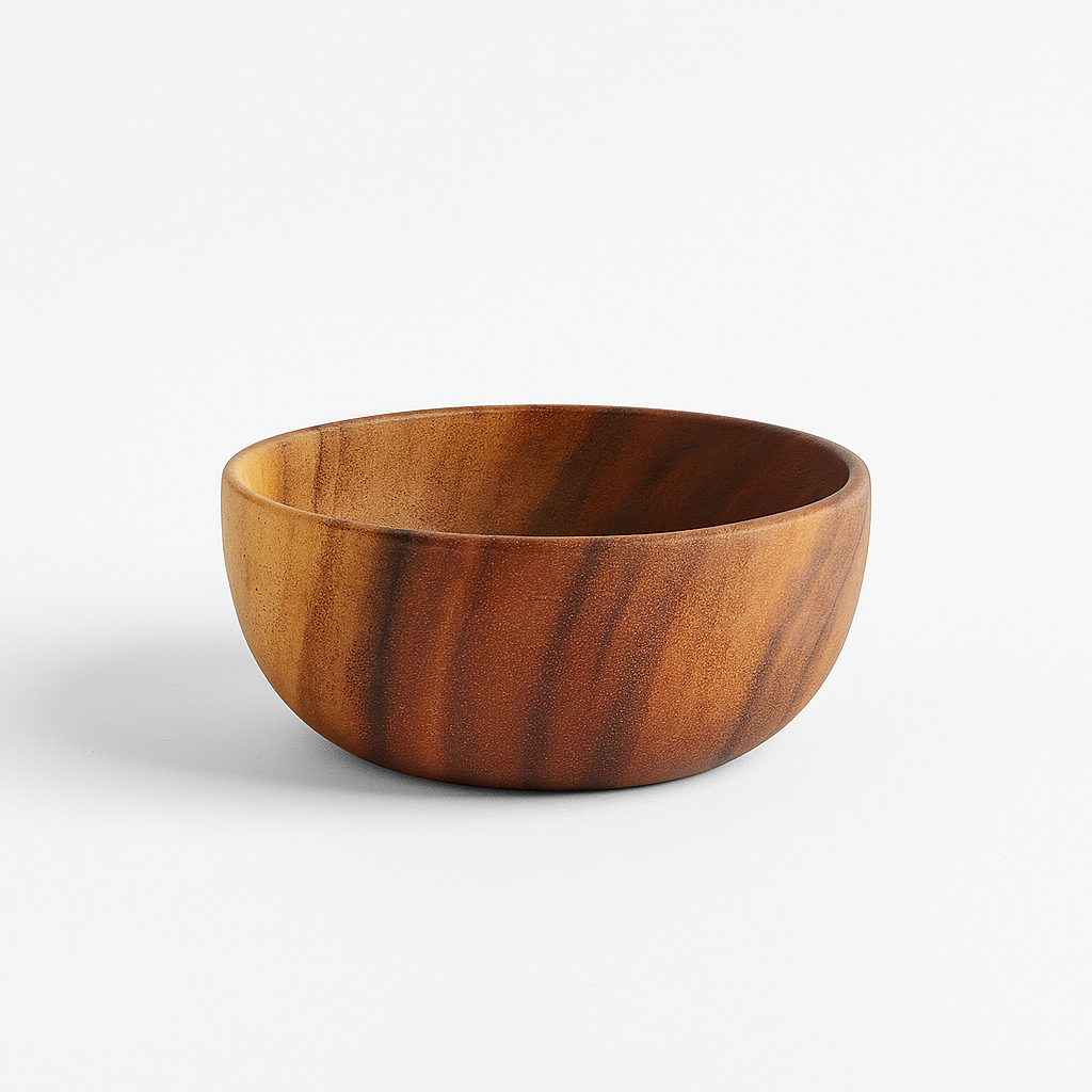 Saladier en bois naturel d’acacia avec veinage unique, résistant et esthétique pour cuisine chaleureuse.