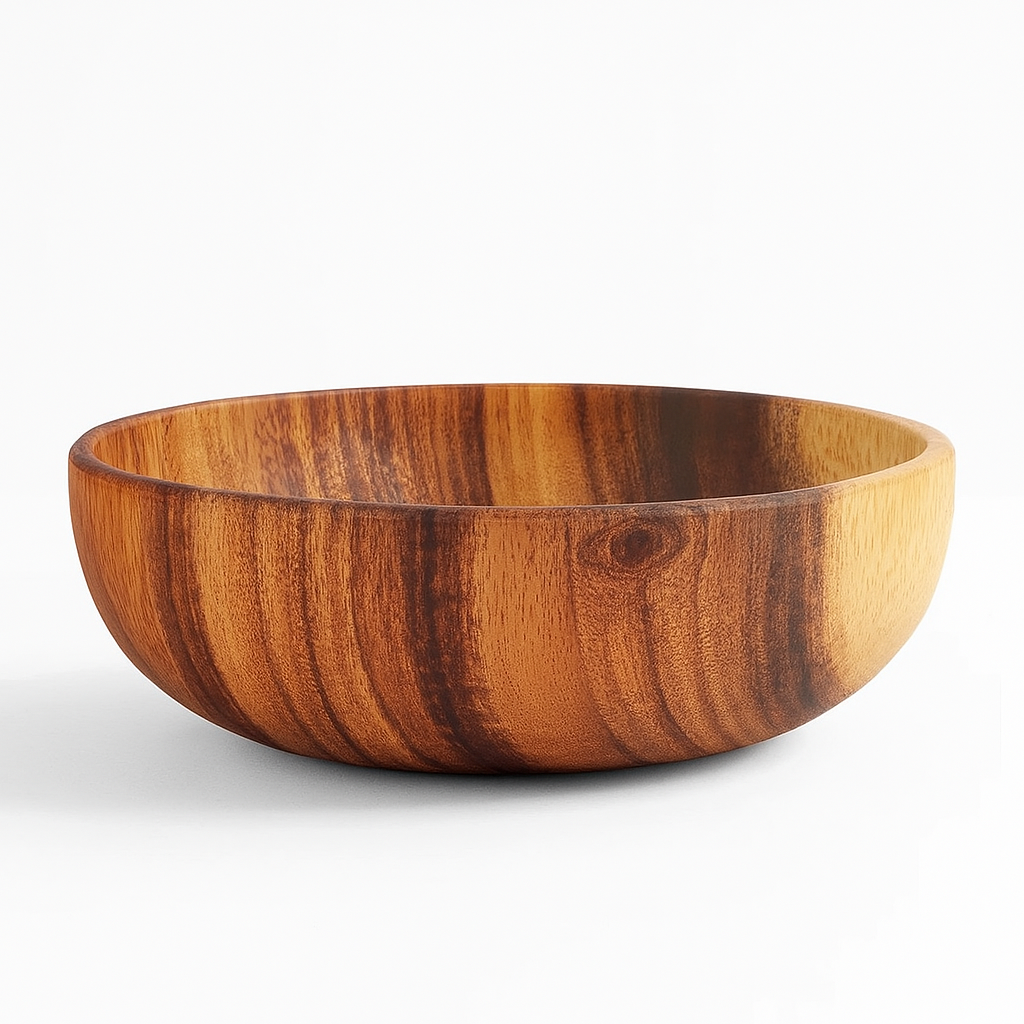 Saladier en bois naturel d'acacia, résistant et élégant, idéal pour salades et fruits.
