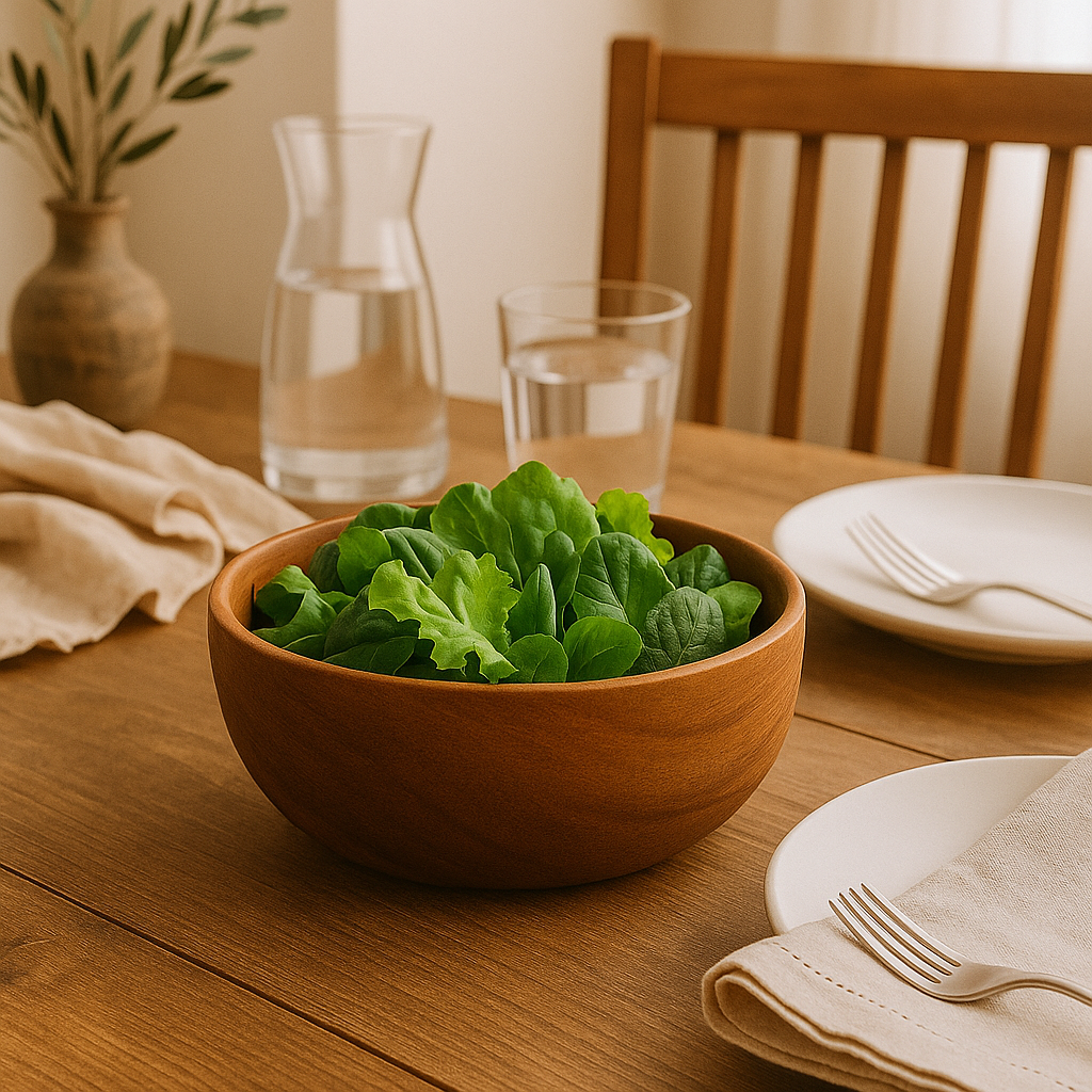 Saladier en bois naturel d'acacia avec salade verte sur une table en bois pour un dîner chaleureux