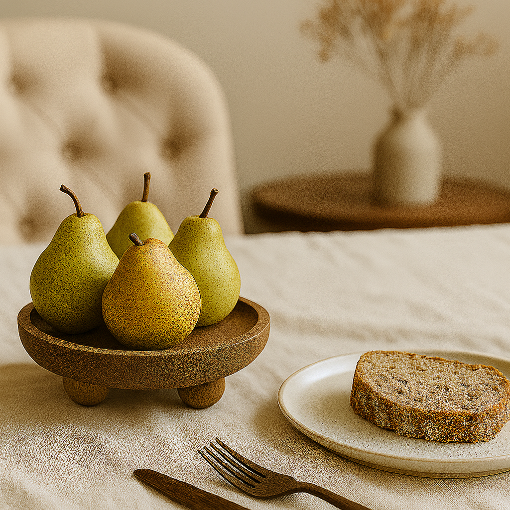 Plateau de présentation en bois naturel avec poires, tranche de pain sur assiette et ambiance chaleureuse de cuisine.