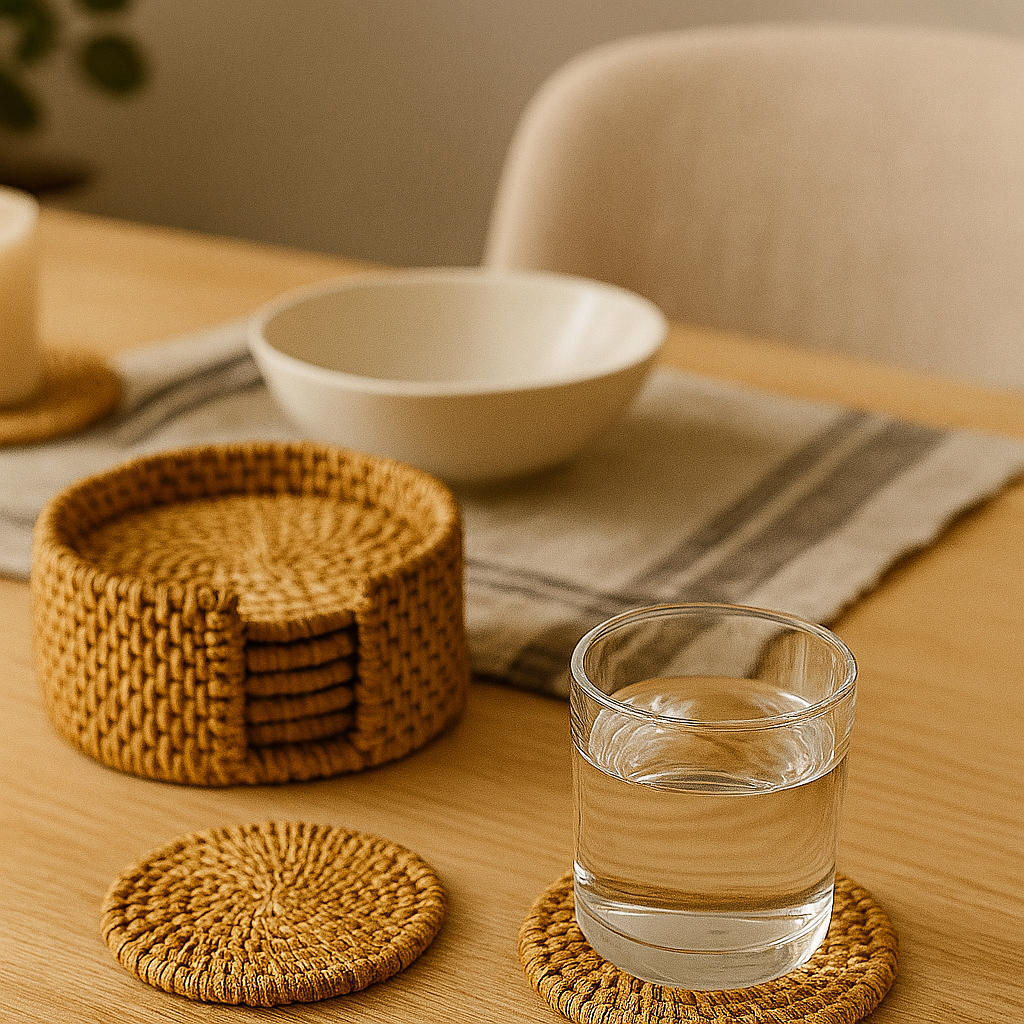 Sous-verres en rotin naturel, lot de 6, protection élégante pour table en bois.
