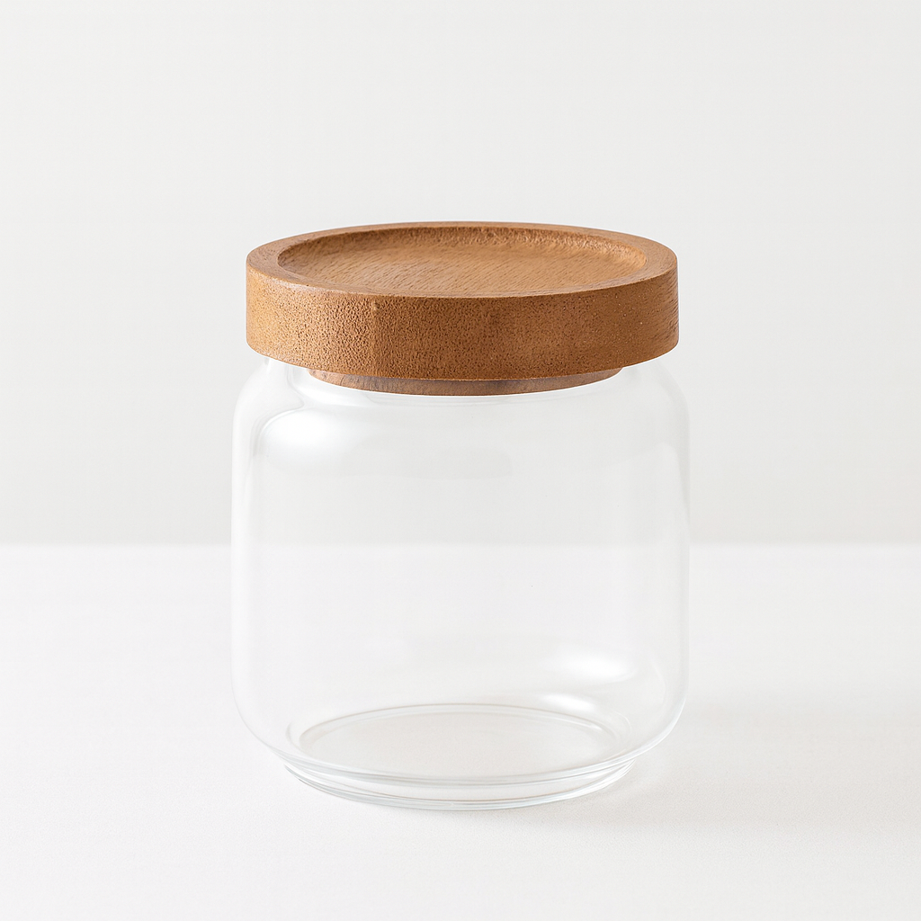 Bocal en verre transparent avec couvercle en bois élégant pour rangement cuisine design.