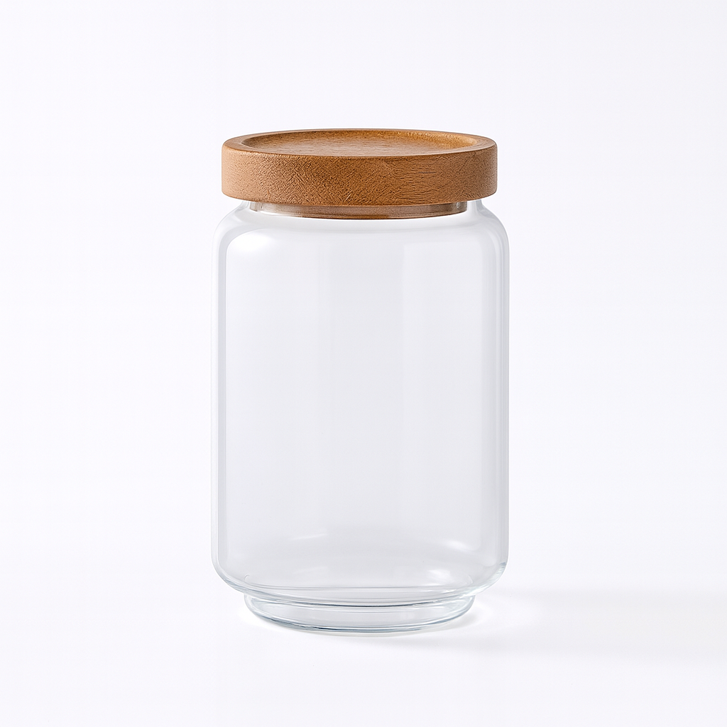 Bocal en verre transparent avec couvercle en bois hermétique pour rangement élégant en cuisine.