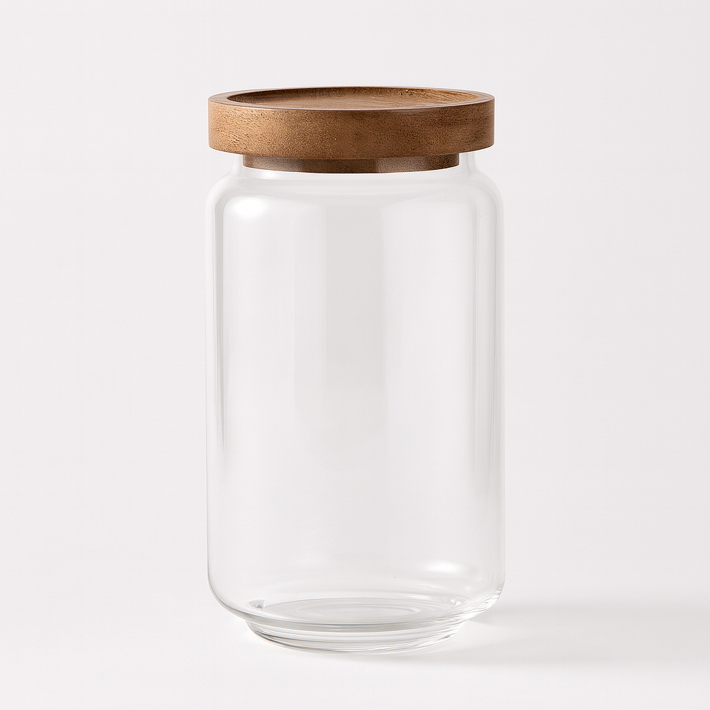 Bocal en verre transparent avec couvercle en bois élégant pour rangement alimentaire hermétique.