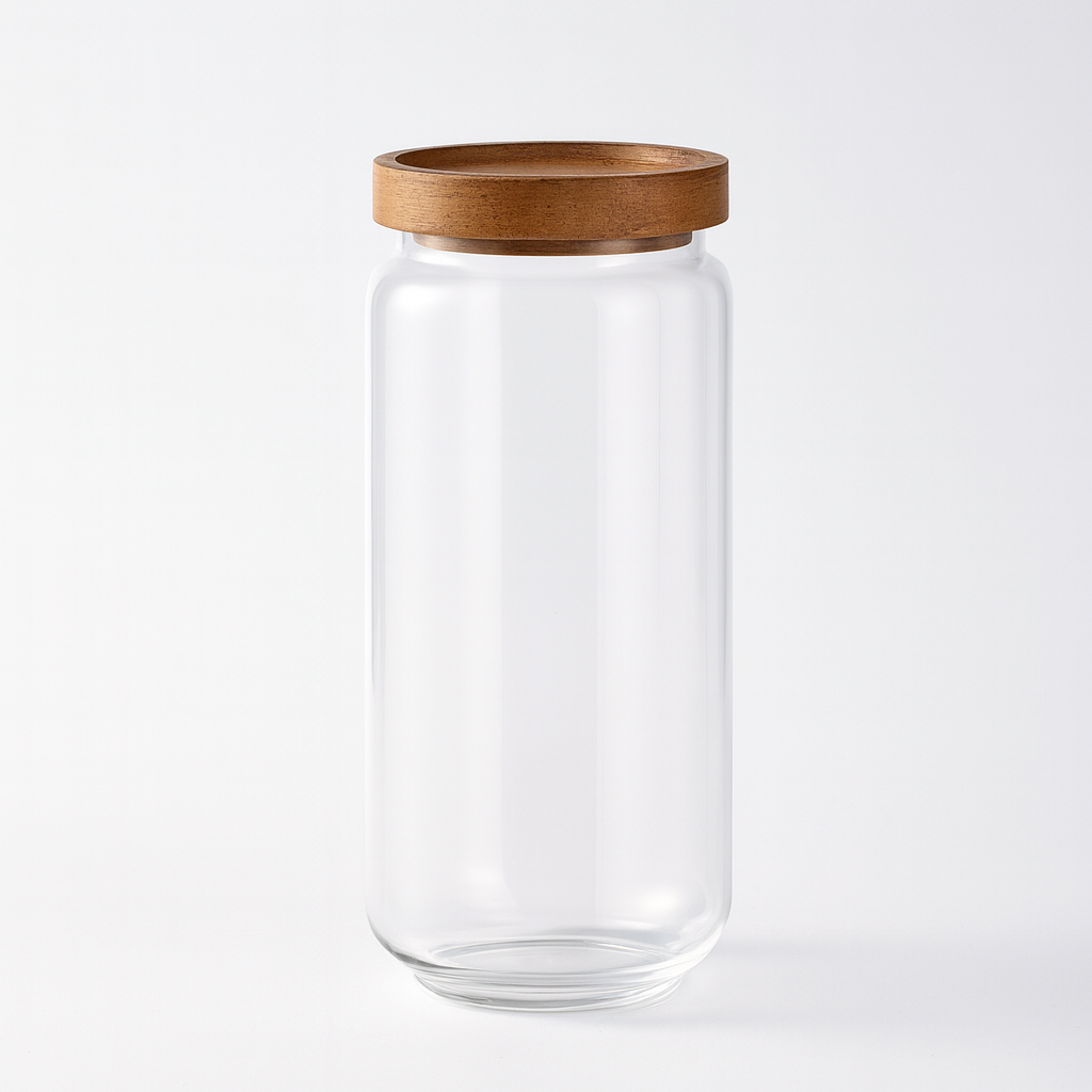Bocal en verre transparent avec couvercle en bois élégant pour rangement cuisine pratique et esthétique