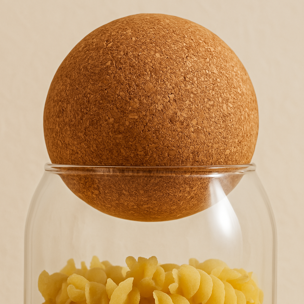 Bocal en verre transparent avec bouchon de liège naturel et pâtes à l’intérieur, lot de 3 bocaux en verre pratiques et élégants.