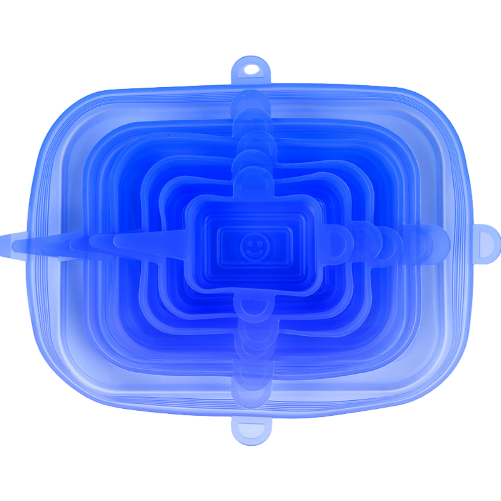 Couvercles silicone extensibles bleus en lot de 6, tailles variées pour bocaux et bols, réutilisables et écologiques.