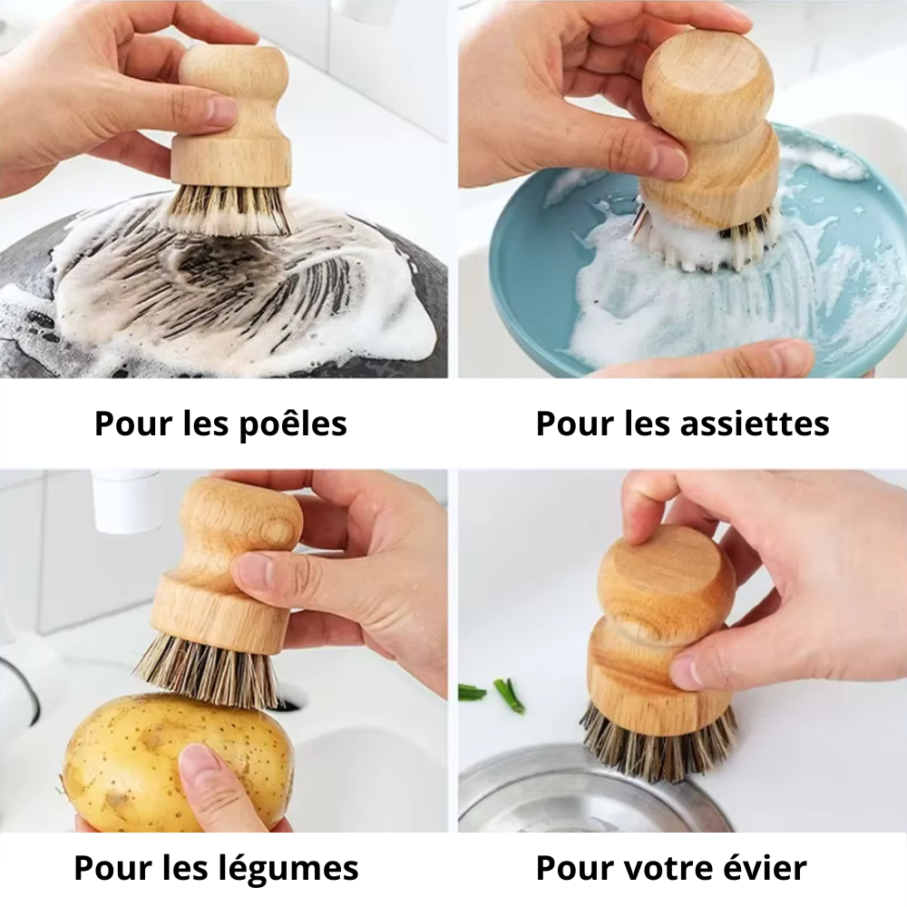 Brosse à vaisselle en bambou naturelle avec poignée en bois, utilisée pour nettoyer poêles, assiettes, légumes et évier sans plastique.