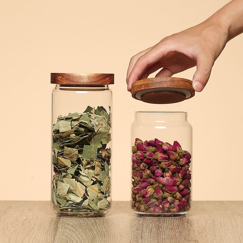 Bocal en verre transparent avec couvercle en bois pour rangement élégant d'ingrédients secs