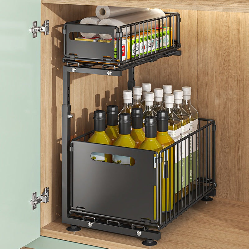 Organisateur de tiroir coulissant métallique noir pour rangement cuisine et salle de bain, design robuste et pratique.