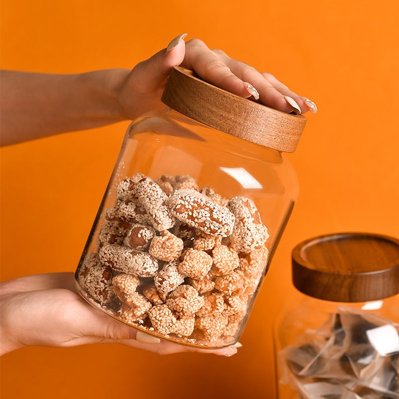 Bocal en verre grande capacité 2,5L avec couvercle en bois pour conserver aliments secs de manière élégante et pratique