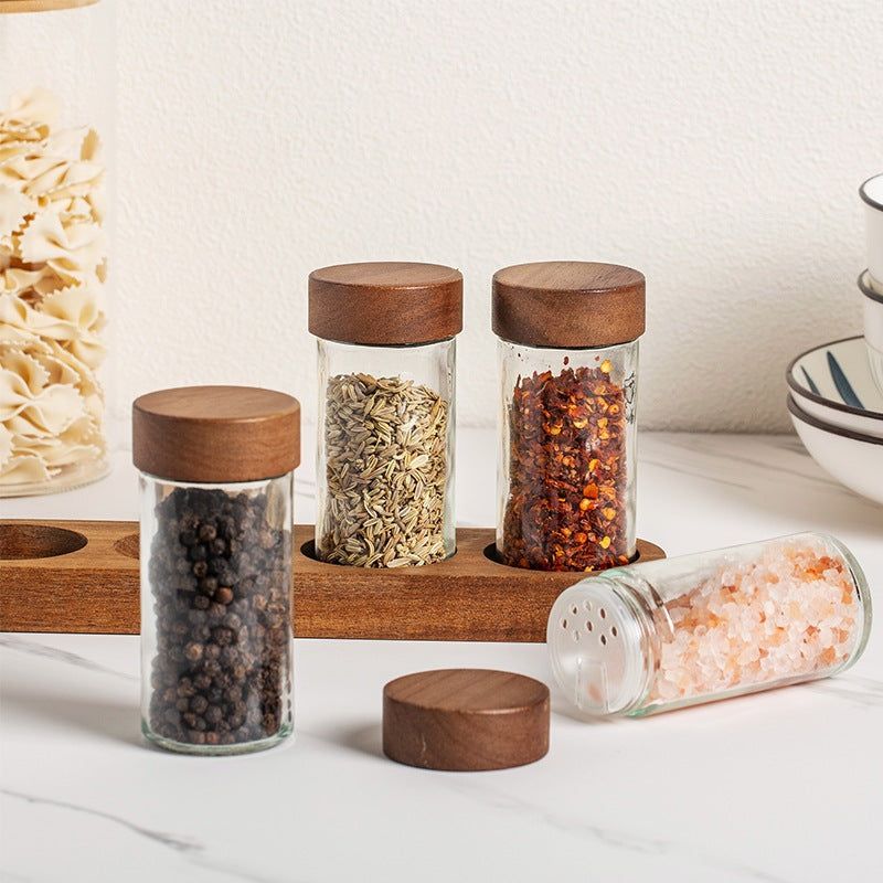 Pots en verre transparents à épices avec couvercles et base en bois, lot de 4 pour organiser la cuisine élégamment