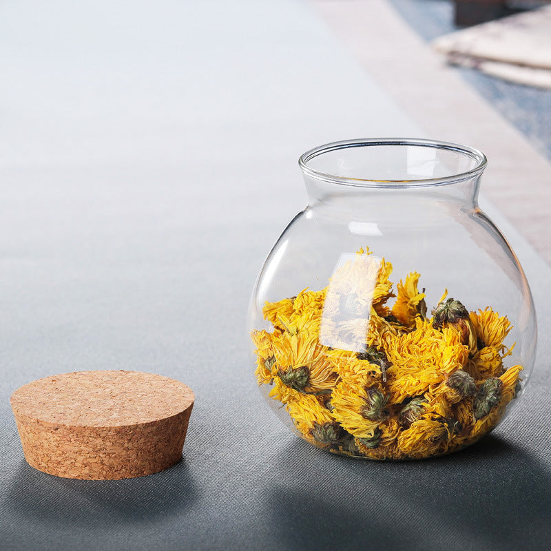 Bocal en verre rond avec couvercle en bois