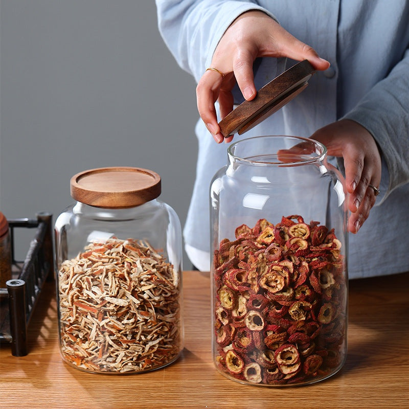 Bocal en verre grande capacité 2,5L avec couvercle en bois pour conserver aliments secs de manière pratique et esthétique