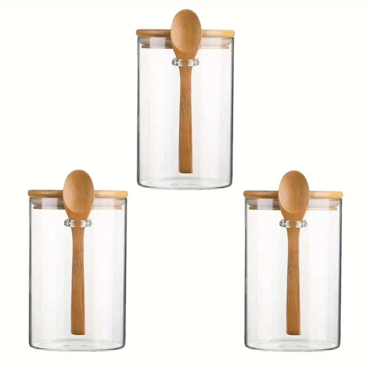 Ensemble de bocaux en verre transparents avec cuillères en bois intégrées et bouchons en bois pour stockage pratique et esthétique.
