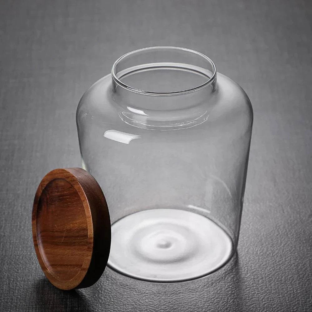 Bocal en verre grande capacité 2,5L avec couvercle en bois pour rangement alimentaire durable et esthétique