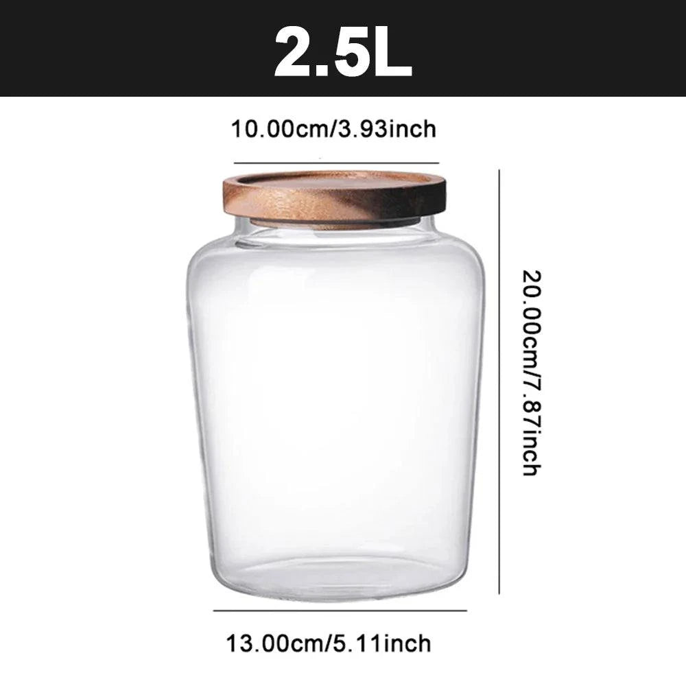 Bocal en verre grande capacité 2,5L avec couvercle en bois, dimensions 20x13x10 cm, idéal pour conserver aliments en vrac.