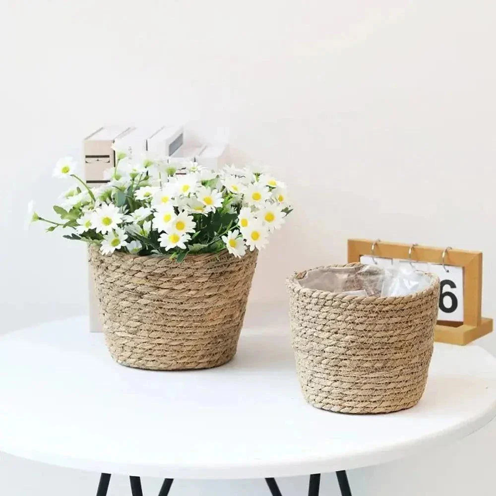 Pot de fleur en rotin tressé artisanal avec fleurs blanches, décoration naturelle et élégante pour intérieur chaleureux
