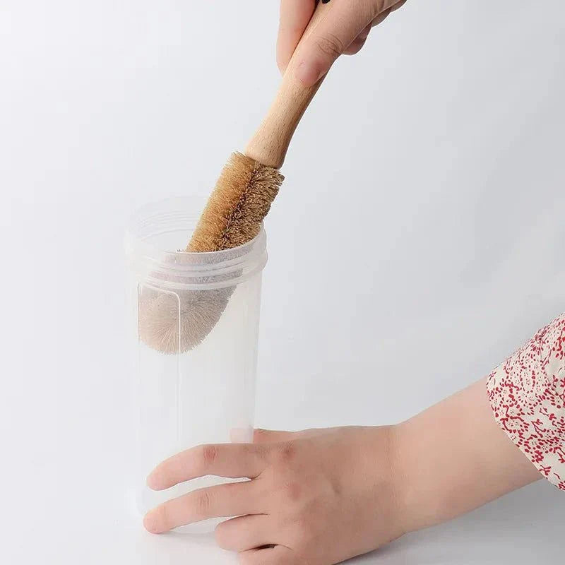 Brosse à récurer pour évier de cuisine en fibre de coco naturelle, à tenir à la main, avec récipient transparent