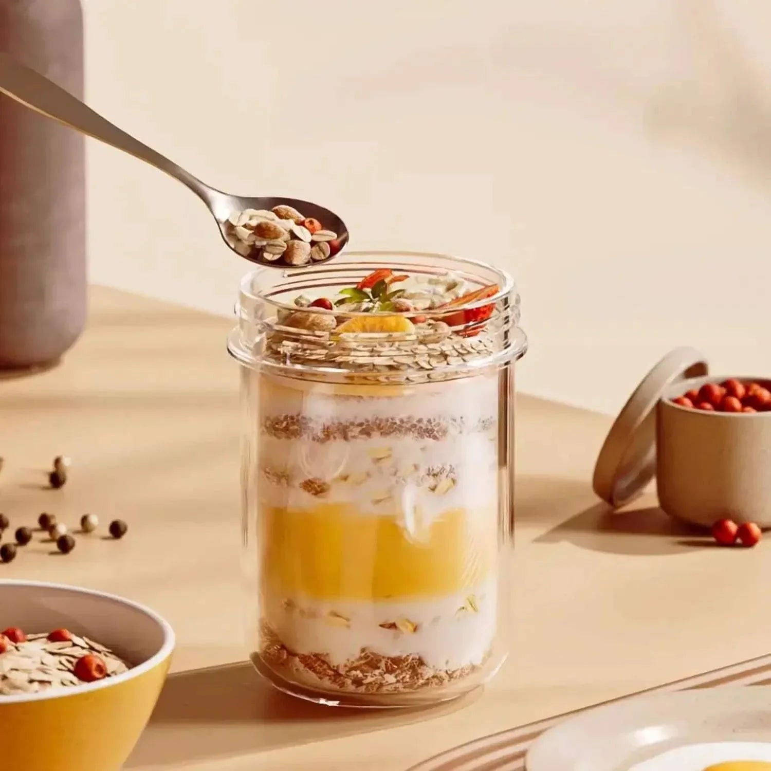 Pot en verre transparent avec couvercle hermétique pour petit-déjeuner, idéal pour porridge, granola ou yaourt, format compact pratique à emporter.
