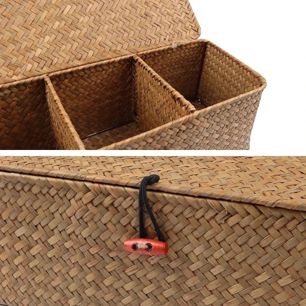 Panier en jonc de mer avec couvercle et compartiments pour rangement naturel et pratique