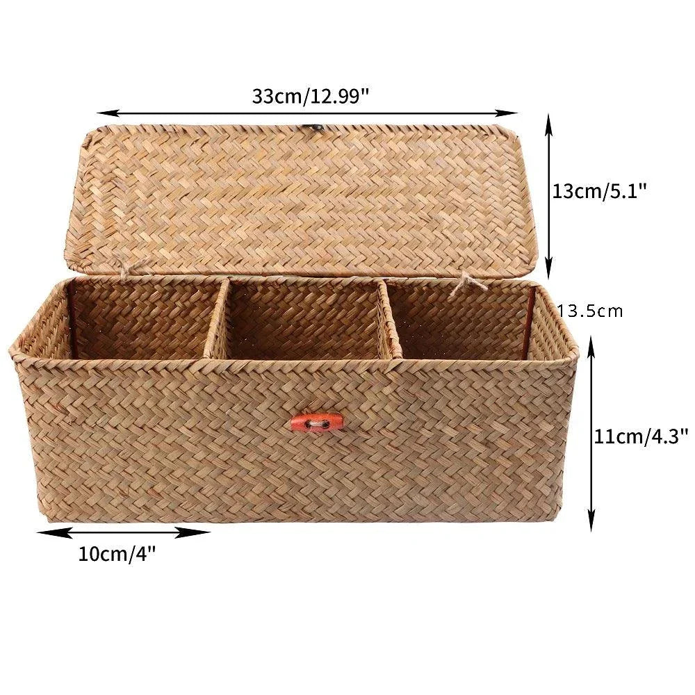 Panier en jonc de mer avec couvercle et compartiments pour rangement naturel et décoratif
