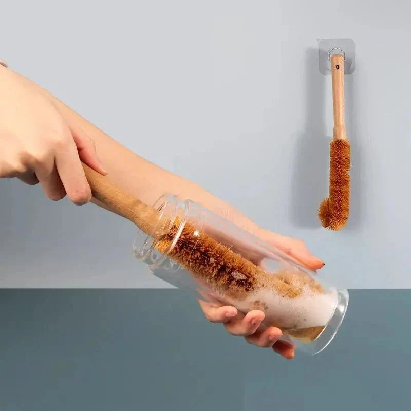 Brosse écologique pour évier de cuisine avec poils naturels en fibre de coco et manche en bois pour laver les verres et les bouteilles