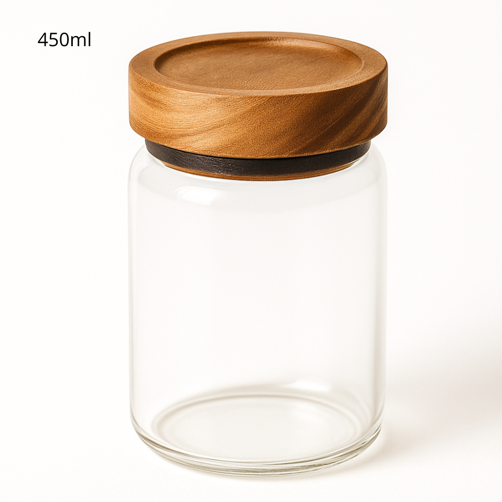 Bocal en verre transparent de 450ml avec couvercle en bois hermétique pour rangement d'ingrédients en cuisine.