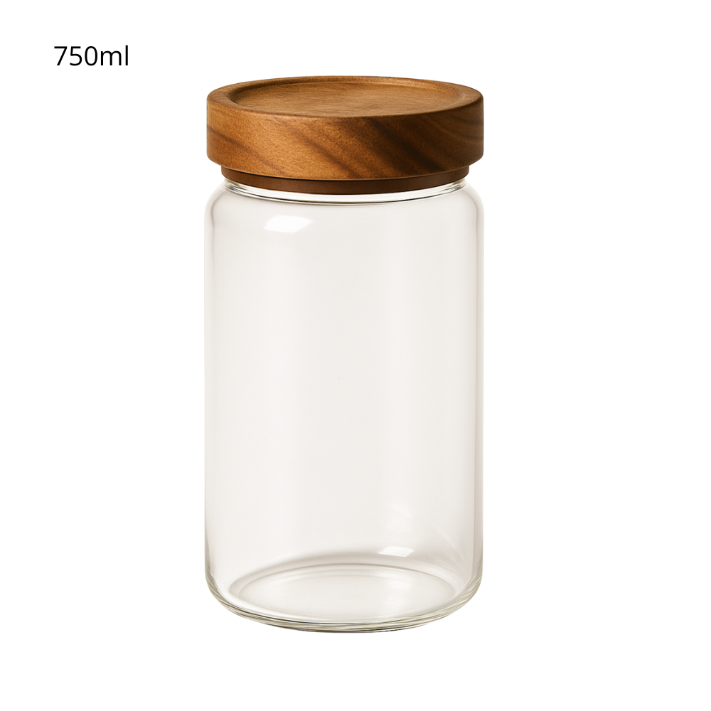 Bocal en verre transparent de 750 ml avec couvercle en bois hermétique pour rangement d'ingrédients en vrac.