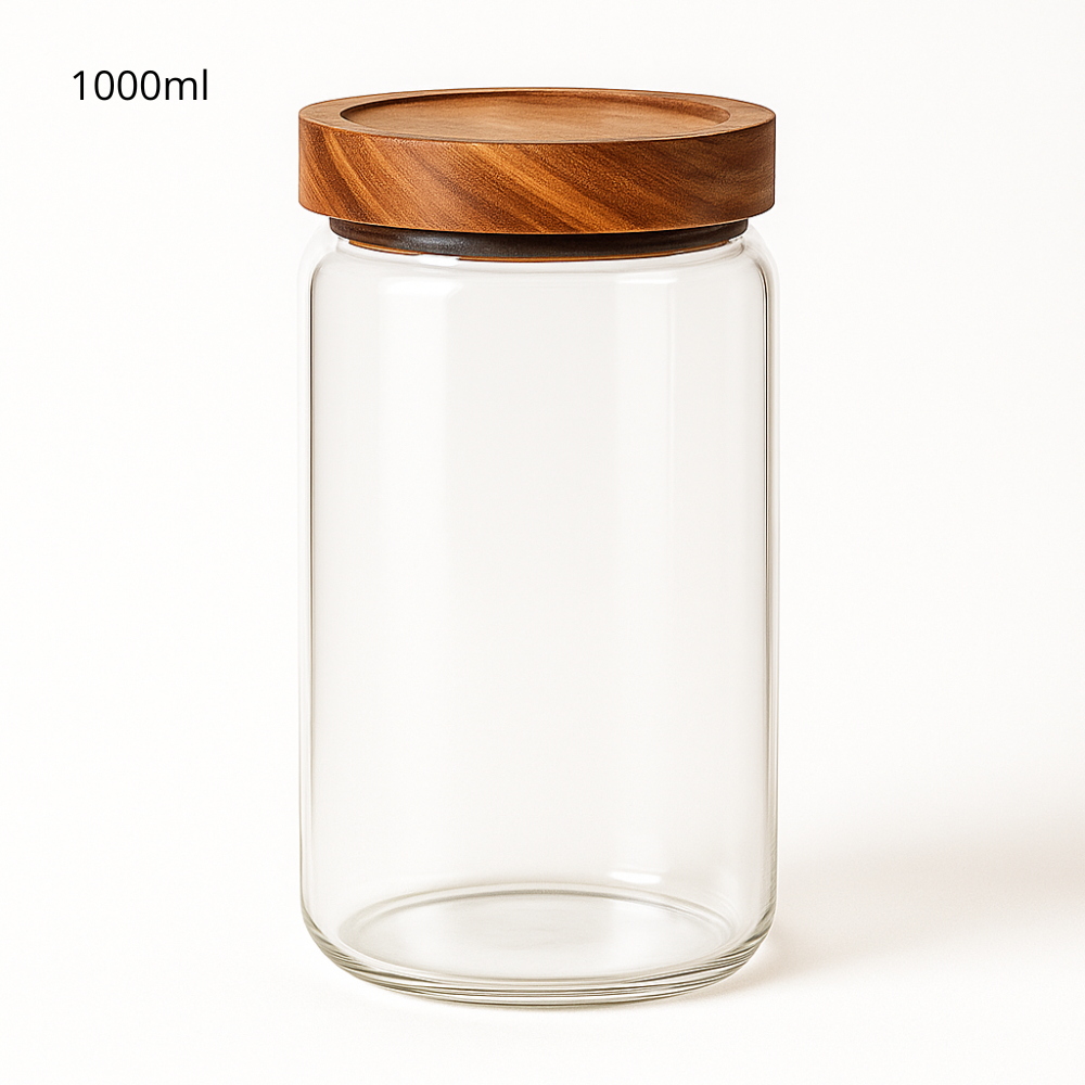 Bocal en verre transparent avec couvercle hermétique en bois, 1000 ml, idéal pour conserver ingrédients en vrac.