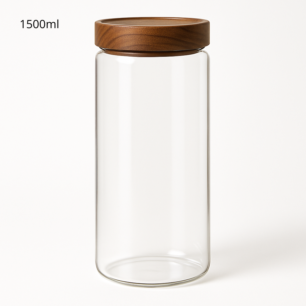 Bocal en verre transparent de 1500ml avec couvercle hermétique en bois pour rangement élégant des aliments en vrac.