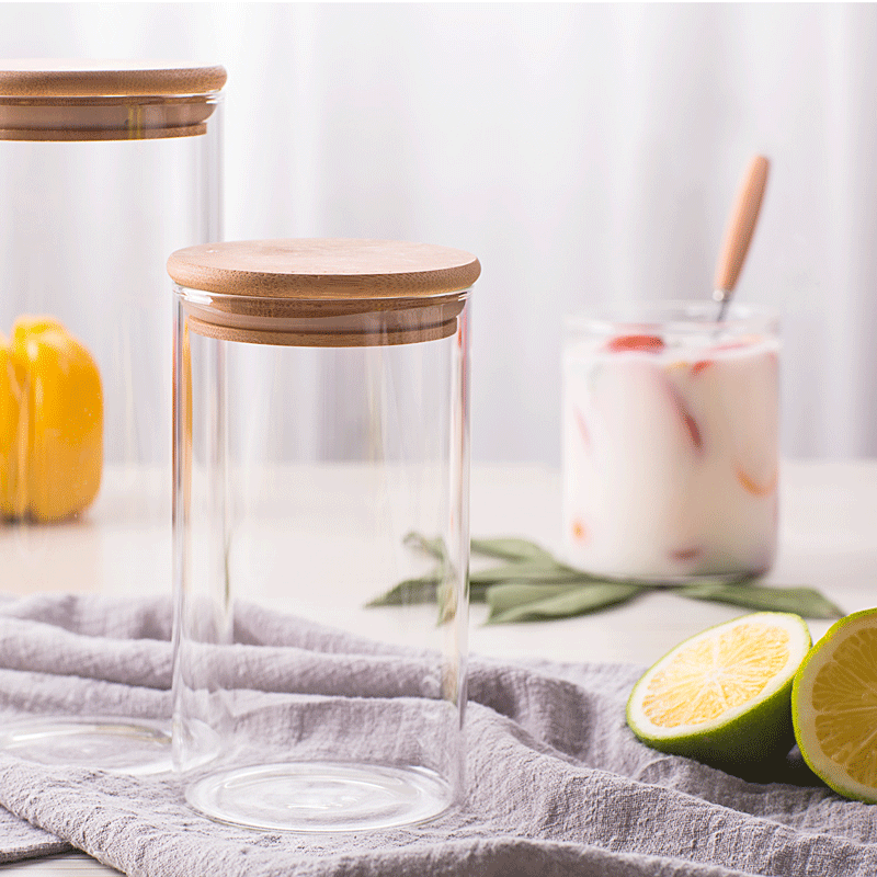 Lot de 5 bocaux en verre avec couvercles hermétiques en bois pour organiser votre cuisine et conserver vos aliments