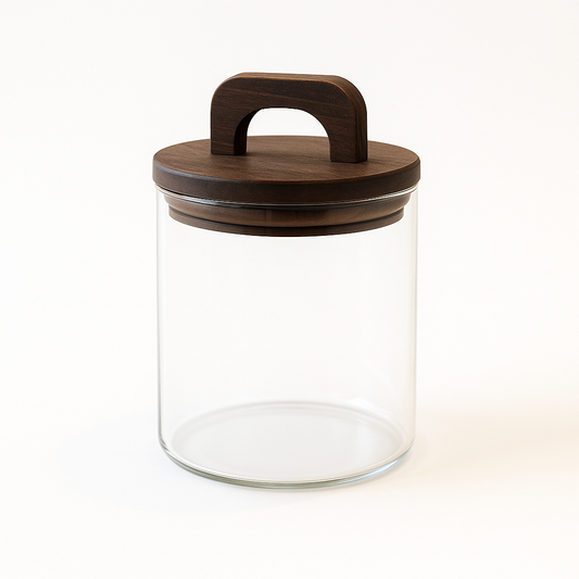 Bocal en verre avec couvercle en bois à anse