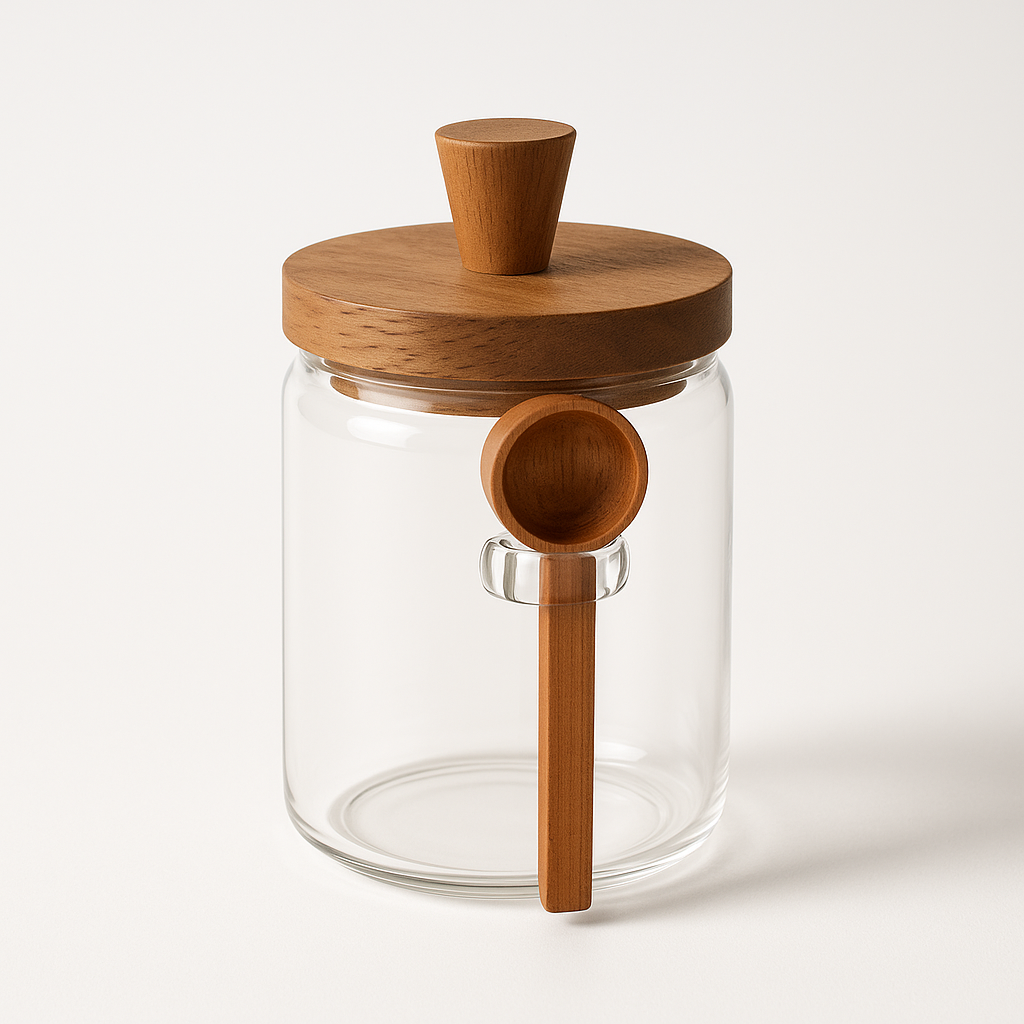 Pots en verre avec cuillères en bois