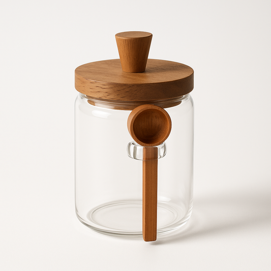Pots en verre avec cuillères en bois