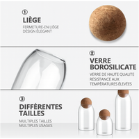 Lot de 3 bocaux en verre borosilicate avec bouchons en liège naturel de différentes tailles élégants et pratiques pour la cuisine