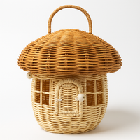 Decorative natural rattan basket shaped like a small house with handle for storage and home organization.