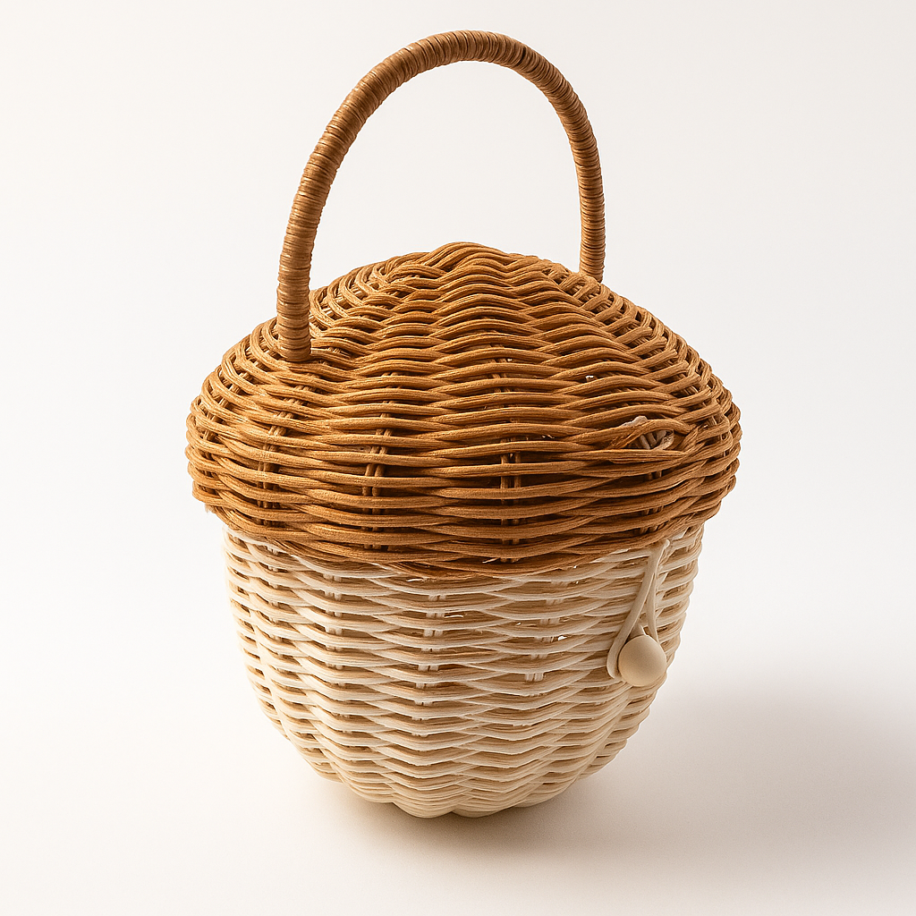 Panier en rotin décoratif bicolore avec poignée, idéal pour rangement naturel et élégant.