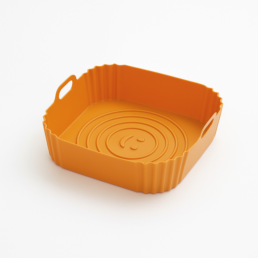 Moule en silicone orange carré antiadhésif pour airfryer, léger et réutilisable, idéal pour cuisiner proprement.