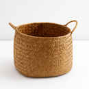 Panier de rangement tressé en jonc de mer style japonais, léger et durable avec anses pratiques.