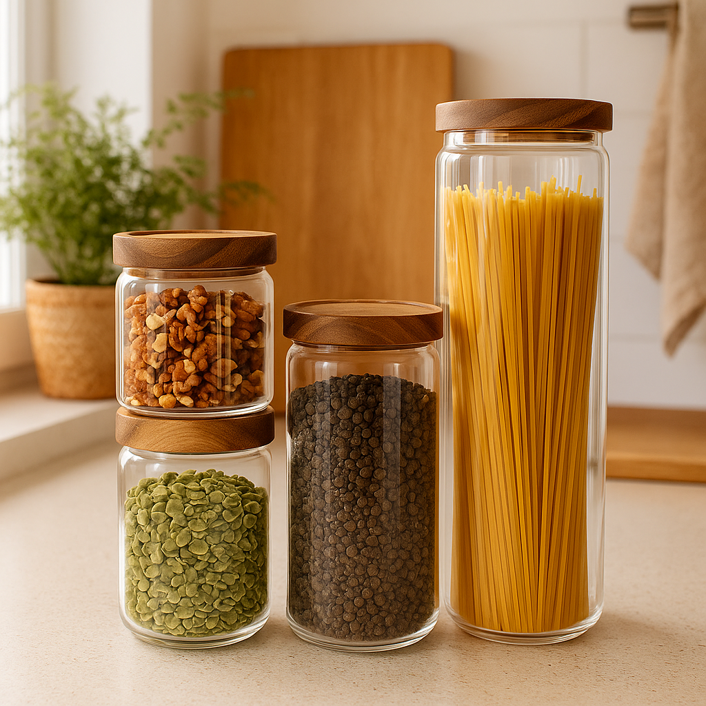 Bocal en verre transparent avec couvercle en bois hermétique pour rangement d'ingrédients secs en cuisine.